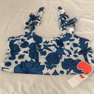 Cider White and Blue Crop Tie Front Tank Top